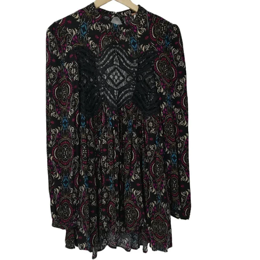 Free People Boho Lace Tunic Mini Dress Size XS Sheer Open Back Long Sleeve Black